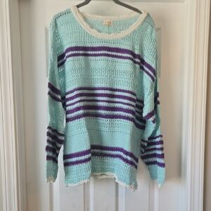 POL Mint Open-Knit Sweater with Purple Stripes and Cream Trim
